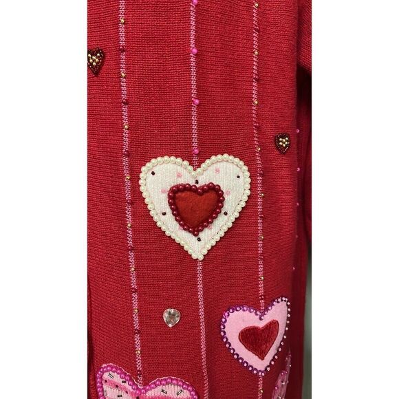 The Quacker Factory Valentine Cardigan Sweater Beaded Hearts Red/Pink Medium - Picture 10 of 16